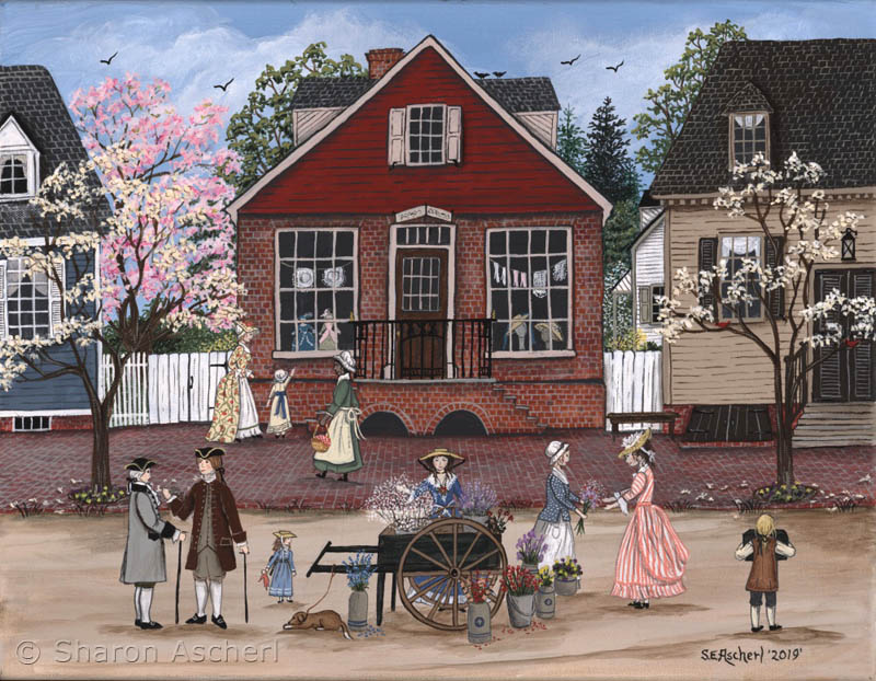 Margaret Hunters Millinery Shop, Williamsburg Virginia painting by Maryland Folk Art Artist Sharon Ascherl