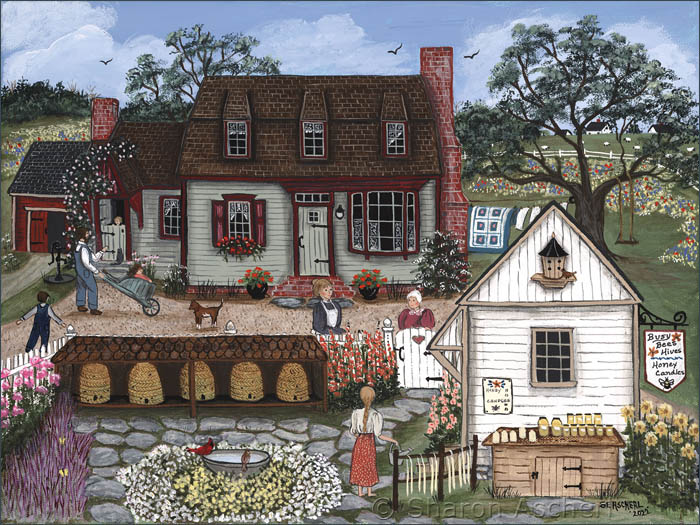 Busy Bees Hives and Farm - painting by Maryland Folk Art Artist Sharon Ascherl
