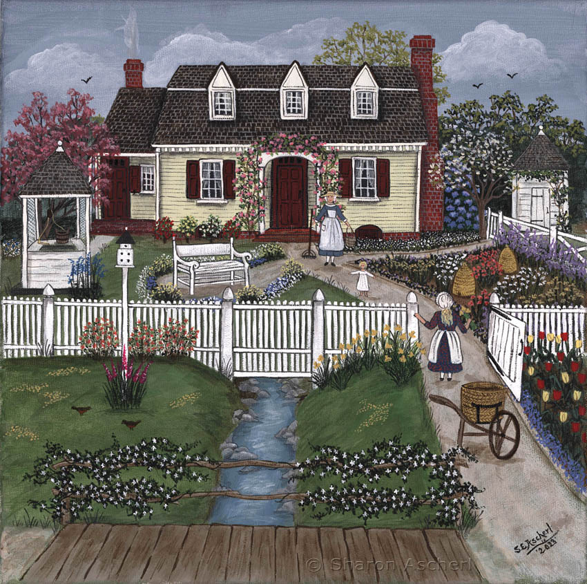 Charlotte’s Cottage and Garden - painting by Maryland Folk Art Artist Sharon Ascherl