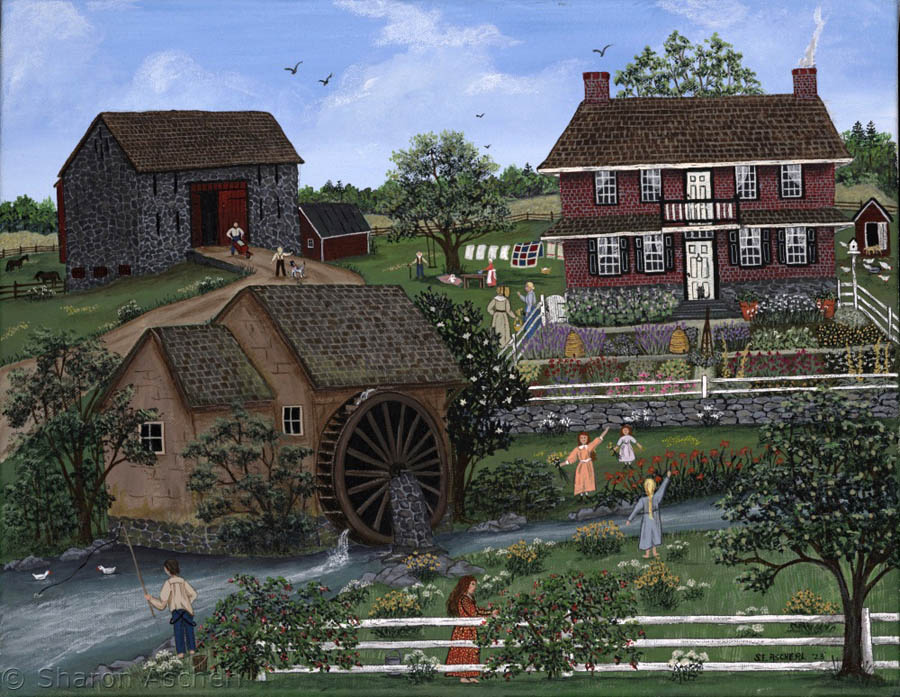 Christian Baiers Farm and Mill - painting by Maryland Folk Art Artist Sharon Ascherl