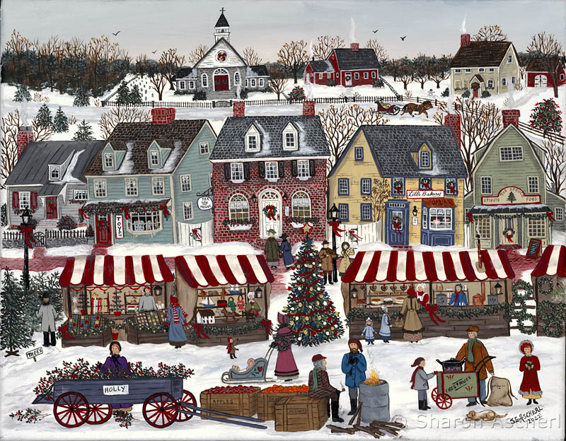 Little Tillbury’s Christmas Market - painting by Maryland Folk Art Artist Sharon Ascherl