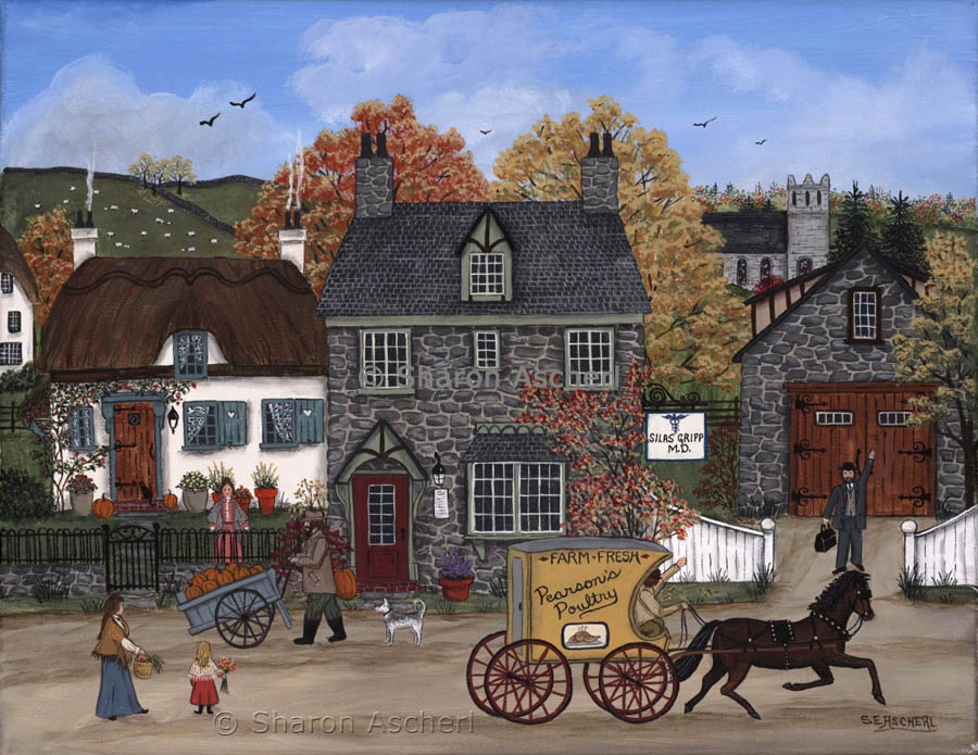 Dr. Silas Gripp's Surgery and Cottage - painting by Maryland Folk Art Artist Sharon Ascherl