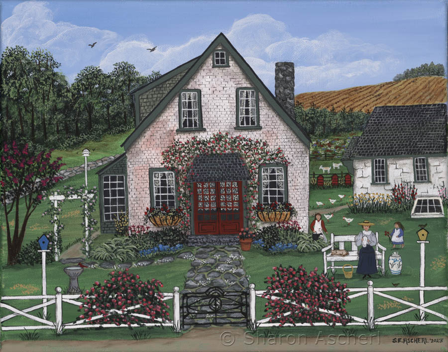 Wren Cottage - painting by Maryland Folk Art Artist Sharon Ascherl